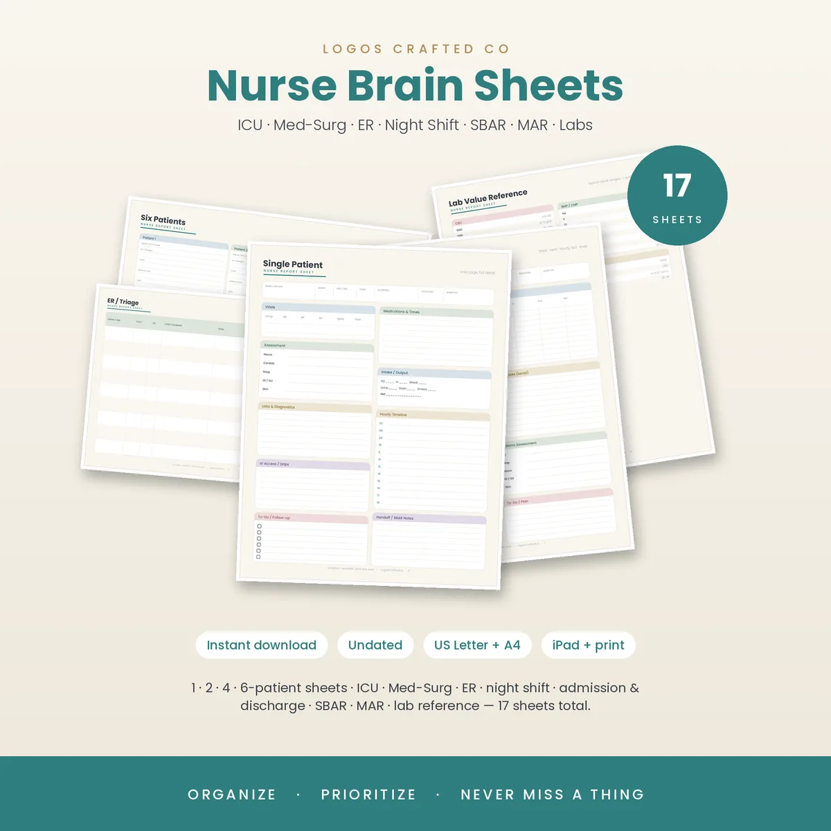 Nurse brain sheet bundle styled on a warm desk with a stethoscope and eucalyptus