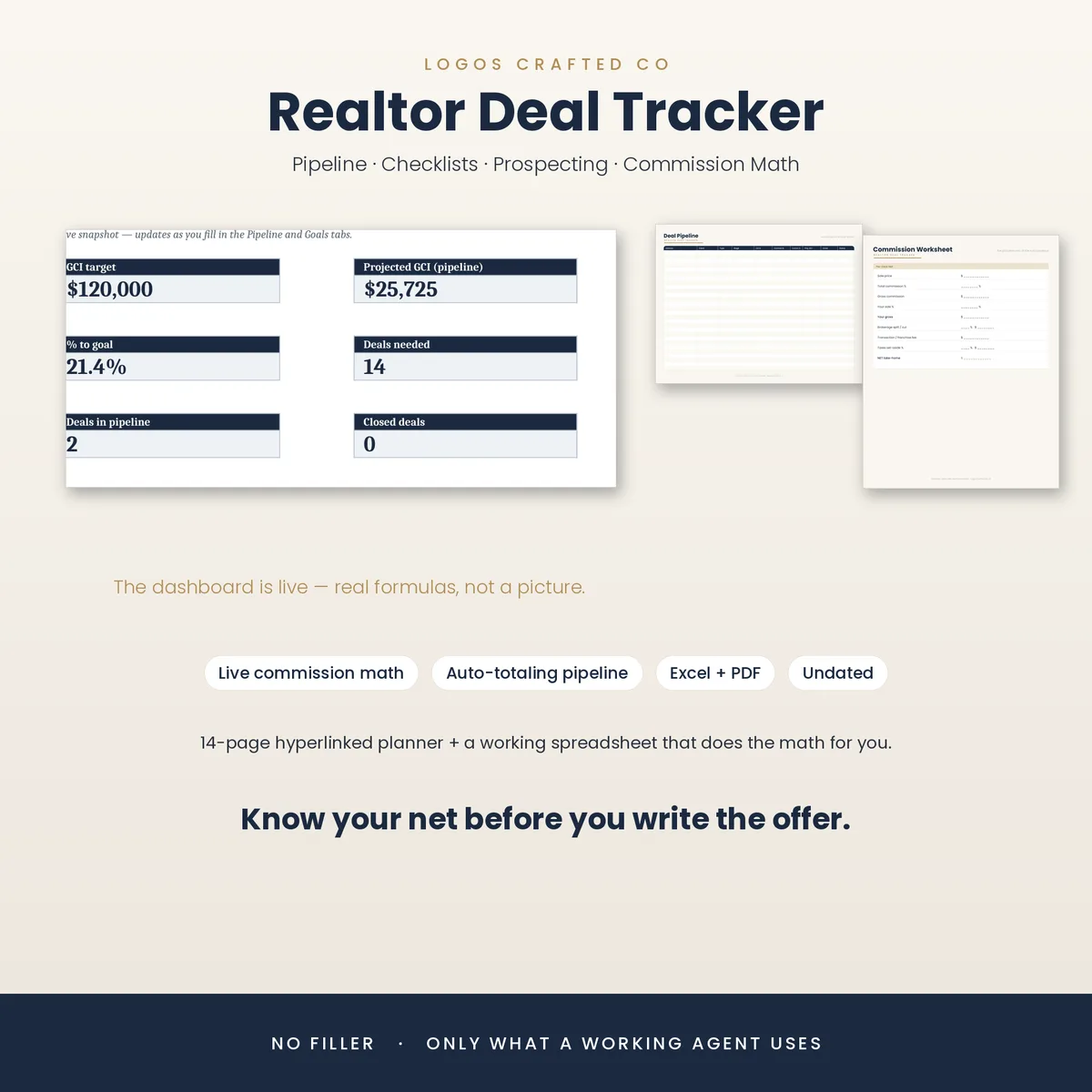 Realtor commission calculator and pipeline spreadsheet styled on a warm desk